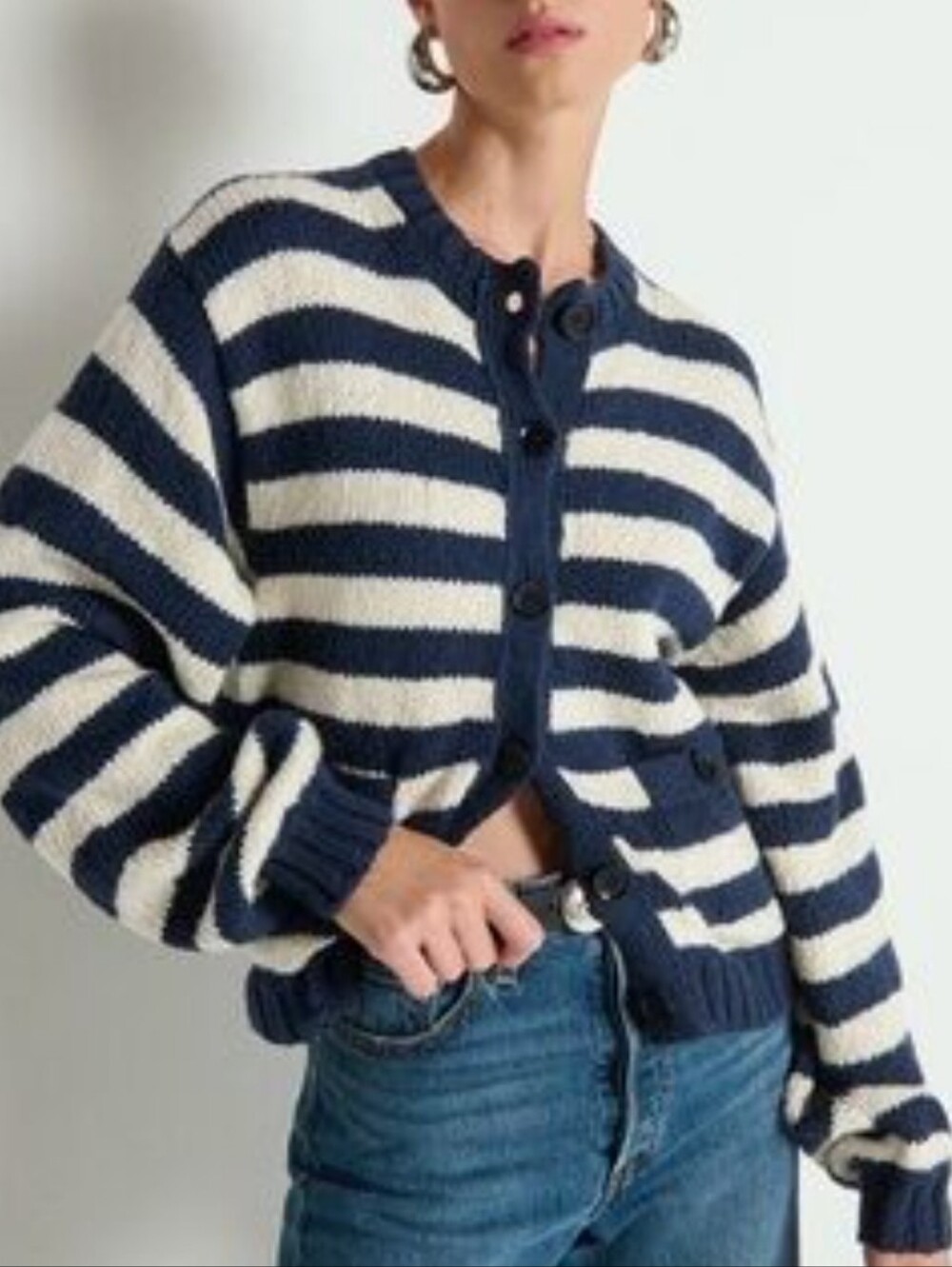 Nation LTD Navy and Cream Striped Button Cardigan